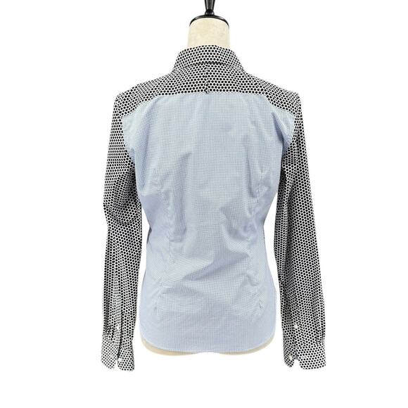 JED Black & White Polka Dot Contrast Blue Button Up Long Sleeve Cotton Shirt - Picture 3 of 11